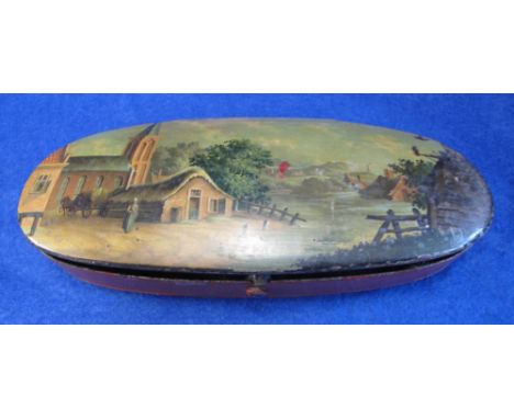 19th Century Japanned and printed metal box, possibly for scales, depicting English landscape to lid and cherub panel to base