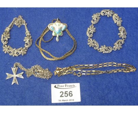 Bag of assorted costume jewellery to include: steel cut bracelet; necklace; silver and enamel Art Nouveau pendant, Birmingham