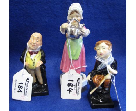 Royal Doulton bone china figures: 'Tiny Tim' and 'Micawber', together with Royal Worcester bone china figurine: 'Polly put th