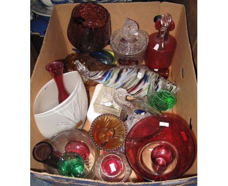 Box of assorted glass to include: Murano style fish; ruby waisted vase; other coloured glass vases; jars and covers etc.(B.P.