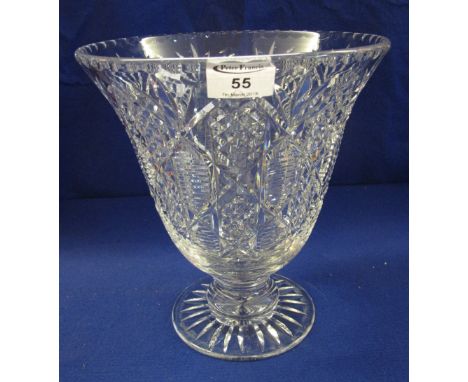 Heavy cut lead crystal glass, bell shaped pedestal vase with overall star and hobnail cut decoration on a circular, star cut 