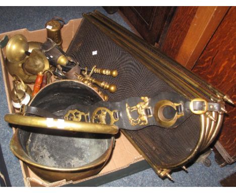 Box of assorted brass ware including: fire screen; coal scuttle; horse brasses; fire irons etc.(B.P. 24% incl. VAT) 