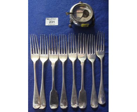 Group of eight mixed silver forks, London and Sheffield hallmarks, together with silver salt and shell design spoon, 22 Troy 