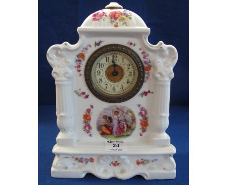 Continental porcelain, architectural design mantel clock with floral and figural transfer printed decoration, enamel Arabic f