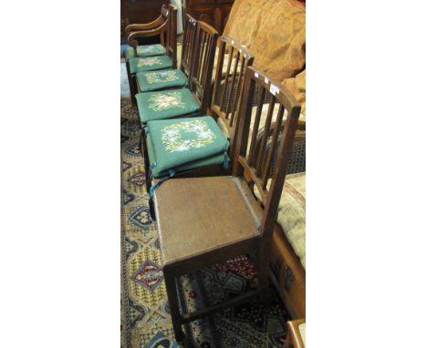 Set of four 19th Century oak stick back farmhouse kitchen chairs, together with another similar and another 19th Century oak 