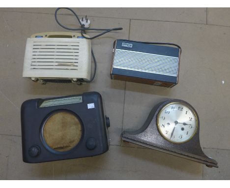 Three vintage radios and an oak mantel clock 