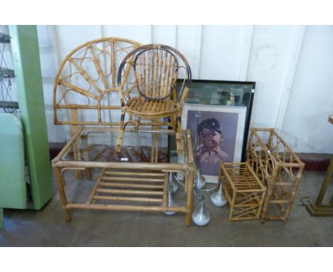 Assorted bamboo furniture, two prints and a ceiling light 