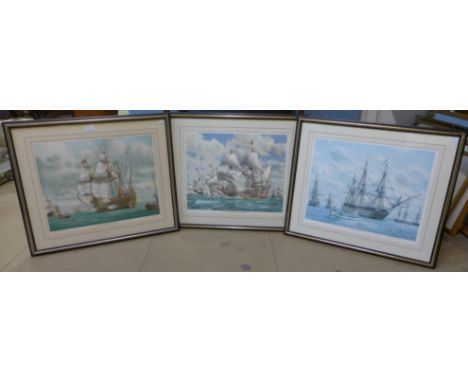 A set of three signed Mark R. Myers RSMA marine scene prints, framed 