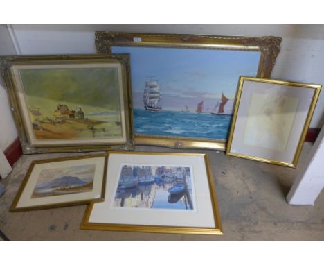 Two oil landscapes, Kilchurn Castle, Loch Awe, a watercolour, unsigned, a pencil and wash nude study, indistinctly signed and