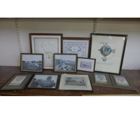 Assorted vintage Nottingham related prints, assorted vintage hot air balloon prints and a tapestry, etc. 