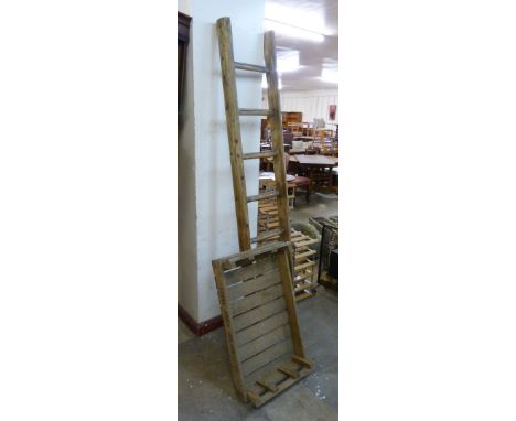 A vintage pine stepladder and a potato crate 