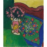 Gabriele Münter. „Blumenstillleben mit Sofa und Kissen“. 1910
