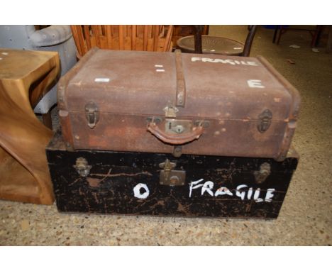 VINTAGE PINE FRAMED TRAVEL TRUNK, APPROX 66CM, TOGETHER WITH A METAL TRAVELLING TRUNK, LENGTH APPROX 83CM