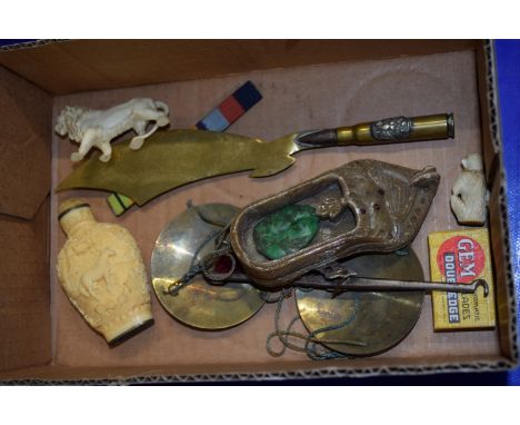 SMALL BOX CONTAINING PAIR OF SCALES, ORIENTAL CARVED SCENT BOTTLE AND TRENCH ART PAPER KNIFE