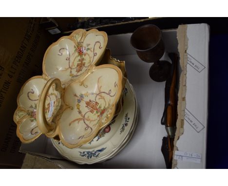 BOX CONTAINING MAINLY CERAMIC ITEMS INCLUDING CROWN DUCAL SERVING DISH
