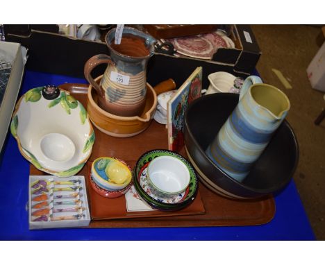 TRAY CONTAINING MAINLY CERAMIC ITEMS INCLUDING TWO STUDIO POTTERY JUGS ETC