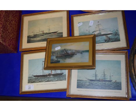 FIVE PRINTS OF STEAM SHIPS IN LIGHT OAK FRAMES
