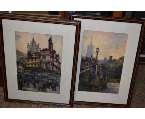 TWO PRINTS OF NORWICH SCENES, BISHOPS BRIDGE AND THE GARNET WOLSEY AND MARKET, NORWICH 1915, SIGNED TO MOUNT RHYS JENKINS, PR