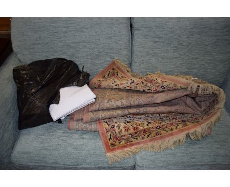 RUG DECORATED WITH FLORAL SYMBOLS AND DEER SURROUNDING CENTRAL PANEL, WIDTH APPROX 154CM