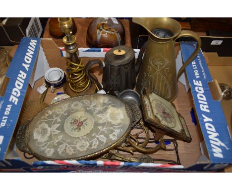 BOX CONTAINING METAL WARES INCLUDING A BRASS JUG WITH ART NOUVEAU STYLE DECORATION, EMBROIDERY WITH METAL MOUNTS, CLOCK WITH 