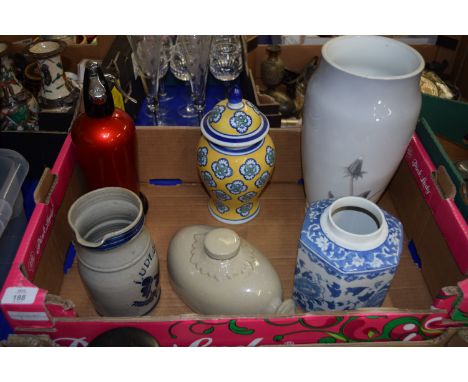 CERAMIC ITEMS, HOT WATER BOTTLE, VASES, SODA SIPHON ETC