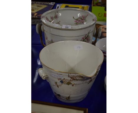 TWO CERAMIC PAILS WITH WICKER HANDLES