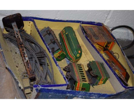 BOXED BRIMTOY TRAIN SET WITH TIN PLATED WAGONS AND A STATION ETC