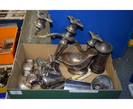 BOX CONTAINING PLATED WARES INCLUDING CANDELABRA, PLATED SERVING BOATS ETC