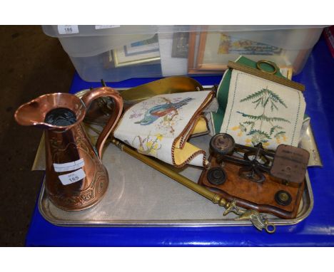TRAY CONTAINING METAL ITEMS, COPPER JUG, ART NOUVEAU DECORATION, PAIR OF POSTAL SCALES ETC