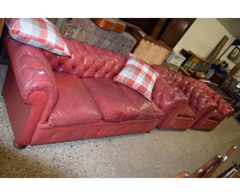 THREE PIECE CHESTERFIELD STYLE SUITE COMPRISING TWO-SEATER SOFA AND TWO ARMCHAIRS, THE SOFA APPROX 208CM LONG