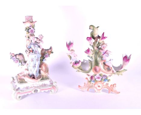 19th century German bisque porcelain candlestick holder and planter. Candlestick holder in a pink and green colourway with cl