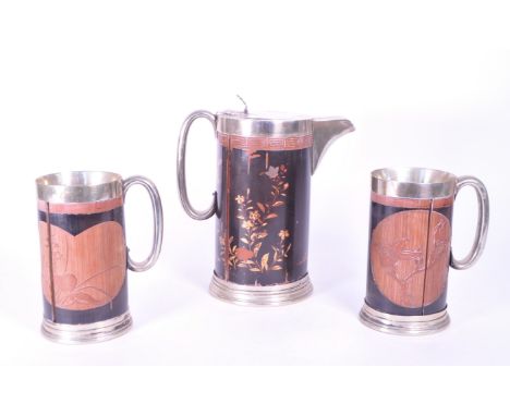 John Grinsell &amp; Sons - Early 20th century collection of three Japanese lacquered tankards. Two matching cups / mugs with 