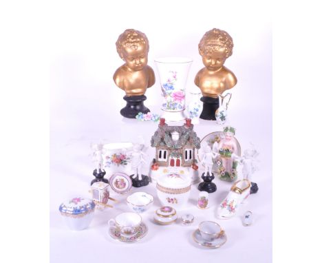 Collection of Limoges miniature porcelain pair of chalk busts, Staffordshire pottery pastille burner and many other examples 