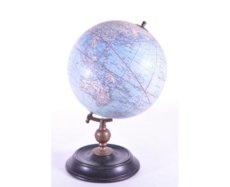 Weber Costello Co, U.S.A - Chicago Heights Illinois table top rotating globe. Having a printed paper world, on brass column o