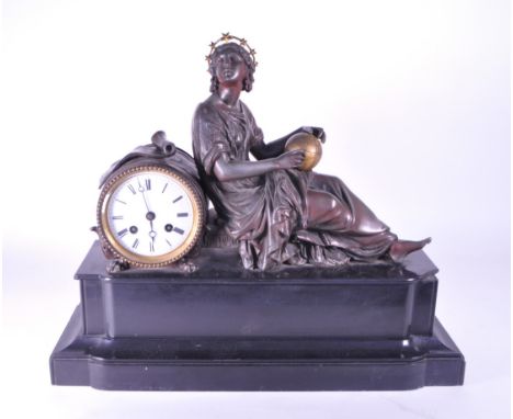 A 19th century French mantel clock, surmounted by a bronze effect seated woman holding a gilt painted globe on a chaise, Fren