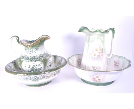 Two early 20th century ceramic wash sets, both featuring a large jug and large bowl. Comprised of a pair with a green transfe