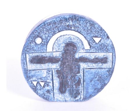 Annette Walters - Troika - A vintage mid 20th century 1970s Cornish Troika ceramic small wheel vase. The vase having blue gla