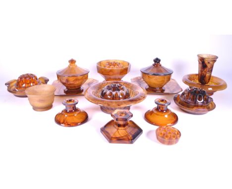 Collection of early to mid century art deco amber smoke glass ware. Including pieces believed to be Davidson amber cloud. Com
