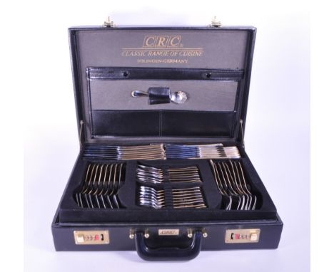 Solingen - Edelstahl Rostfrei - Late 20th century German CRC 23 / 24K gold plated eight person setting canteen of cutlery. Ho