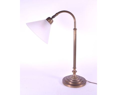Laura Ashley - Late 20th brass table lamp with a stepped circular base, goose neck and frosted glass conical shade. Laura Ash