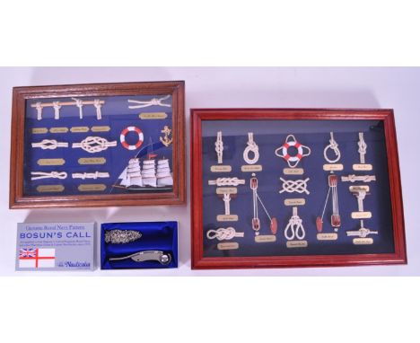 Maritime Interest - A vintage 20th century Bosuns Whistle alongside two framed knot diorama. The whistle in original box. Eac