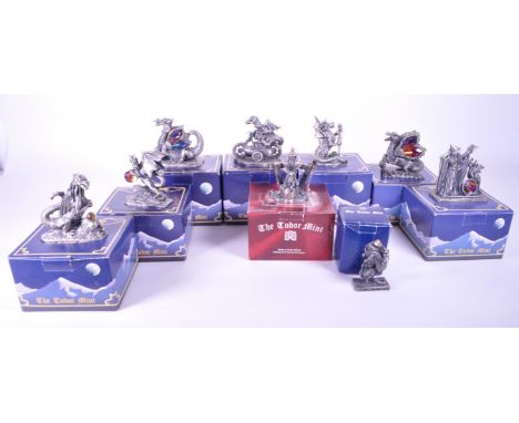 Myth &amp; Magic by The Tudor Mint - Nine early 21st century cast pewter statue dragon figurines. Including 'Go Faster Dad', 