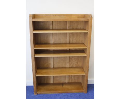 Mouseman:&nbsp; Robert Thompson of Kilburn English oak 4ft. open bookcase, solid ends and panelled back, raised upstand, four