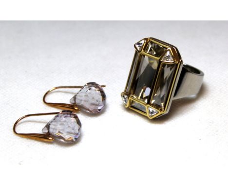 Swarovski white crystal chunky set cocktail ring in white and gilt metals, with black enamelling to underside. Size R½; also 
