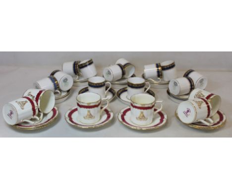 Set of six Royal Crown Derby coffee cans and saucers with Worshipful Company of Mercers emblem and puce and gilt borders; als