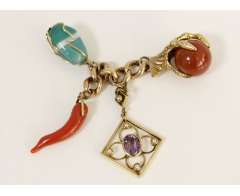 A piece of gold curb chain with an amethyst and pearl pendant, a 9ct claw charm and two other items. 