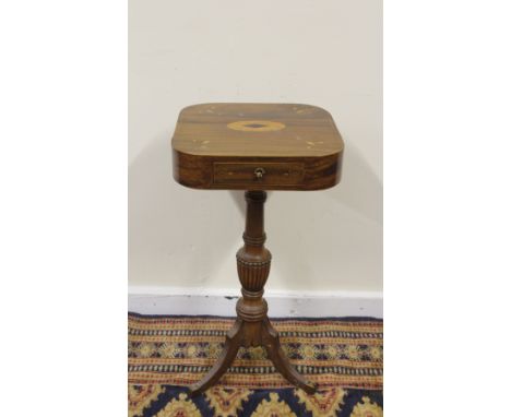 George IV mahogany inlaid occasional table, the rounded rectangular top with frieze drawer probably later tripod base. 36cm