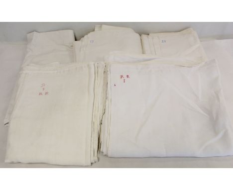 Small quantity of 18th century and 19th century linen and cotton bed sheets, some with embroidered initials, stitched seams e
