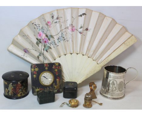 Small collection of miscellanea, comprising: floral painted silk fan with bone sticks; early 20th century Oriental black lacq
