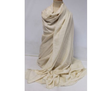 Kashmir finely woven plain cream wool shawl with fringed ends and two others, printed cotton.  (3). Condition report:Cream sh